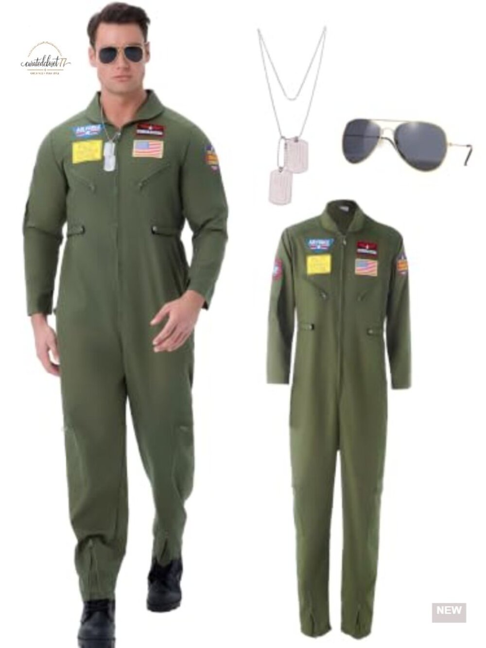 Men's Fighter Pilot Costume Military Aviator Jumpsuit with Sunglasses Gear